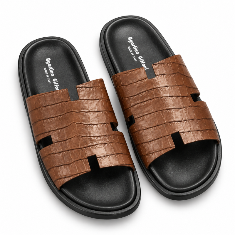 Agostino Giffoni Brown Croc-Embossed Leather Slides