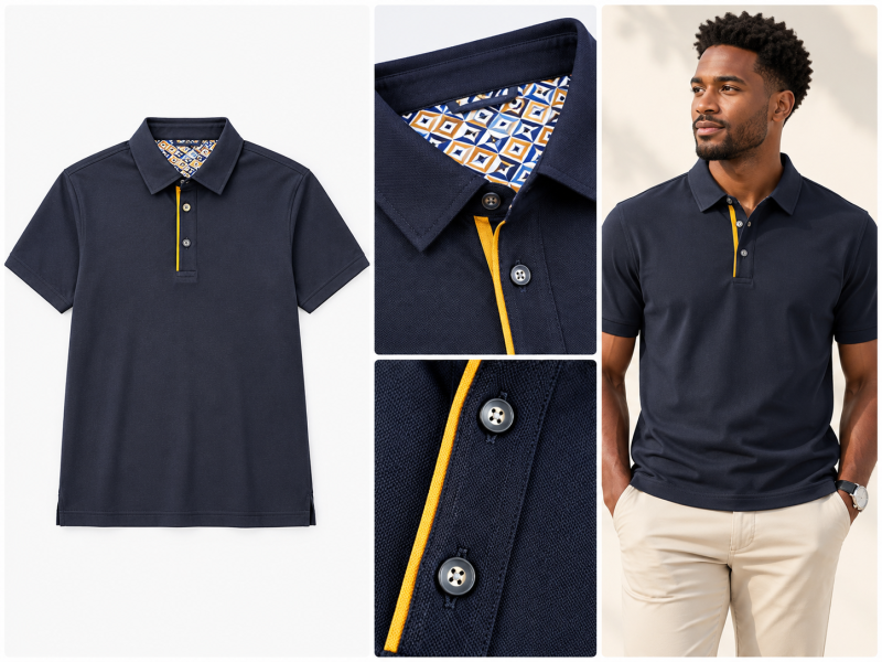 Men’s Navy Polo Shirt with Geometric Print Collar & Yellow Placket Accent